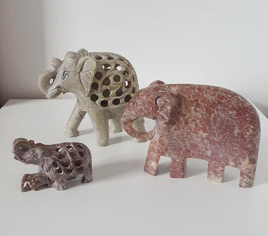 Vintage Hand Carved Soapstone Elephant Sculptures, Figurines