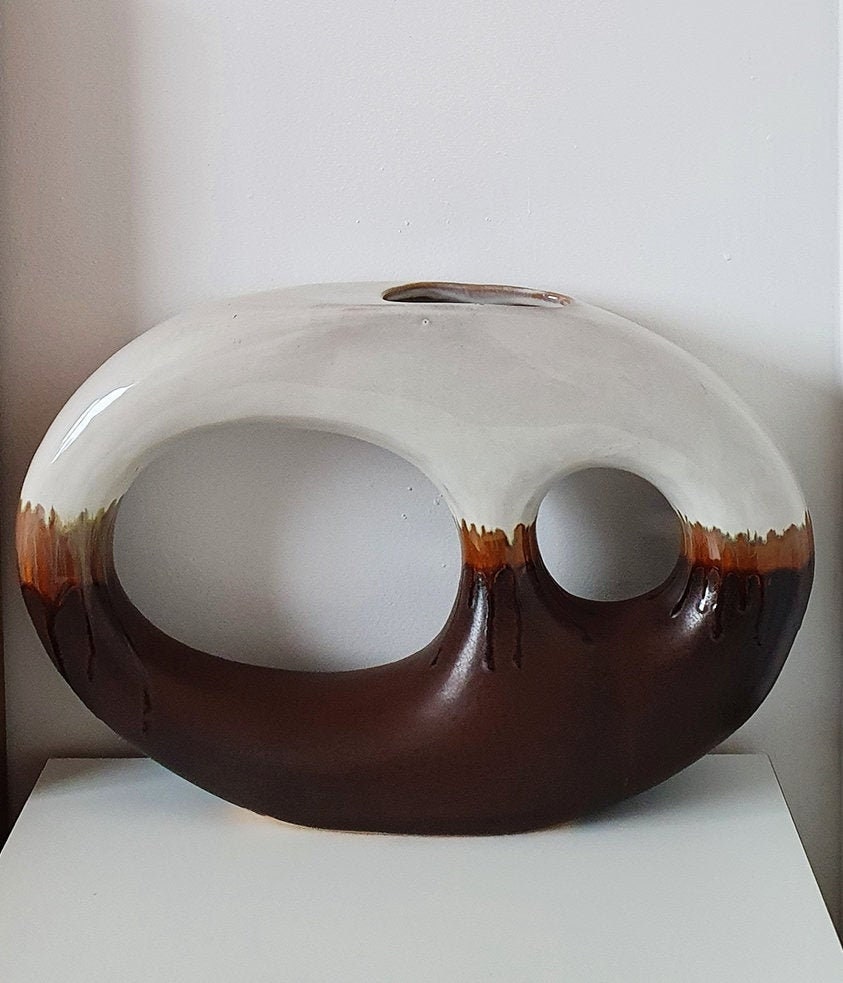 1960s Mid-Century Giant Ikebana Vase/Huge Vintage Abstract Modernist Doughnut Ceramic Vase/Contemporary Art/Toyo Kimura Yokkaichi Style