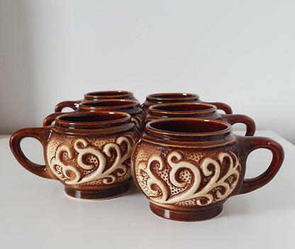 Mid-Century 3D Decorative Ceramic Coffee/Tea Cups, Set Of Six