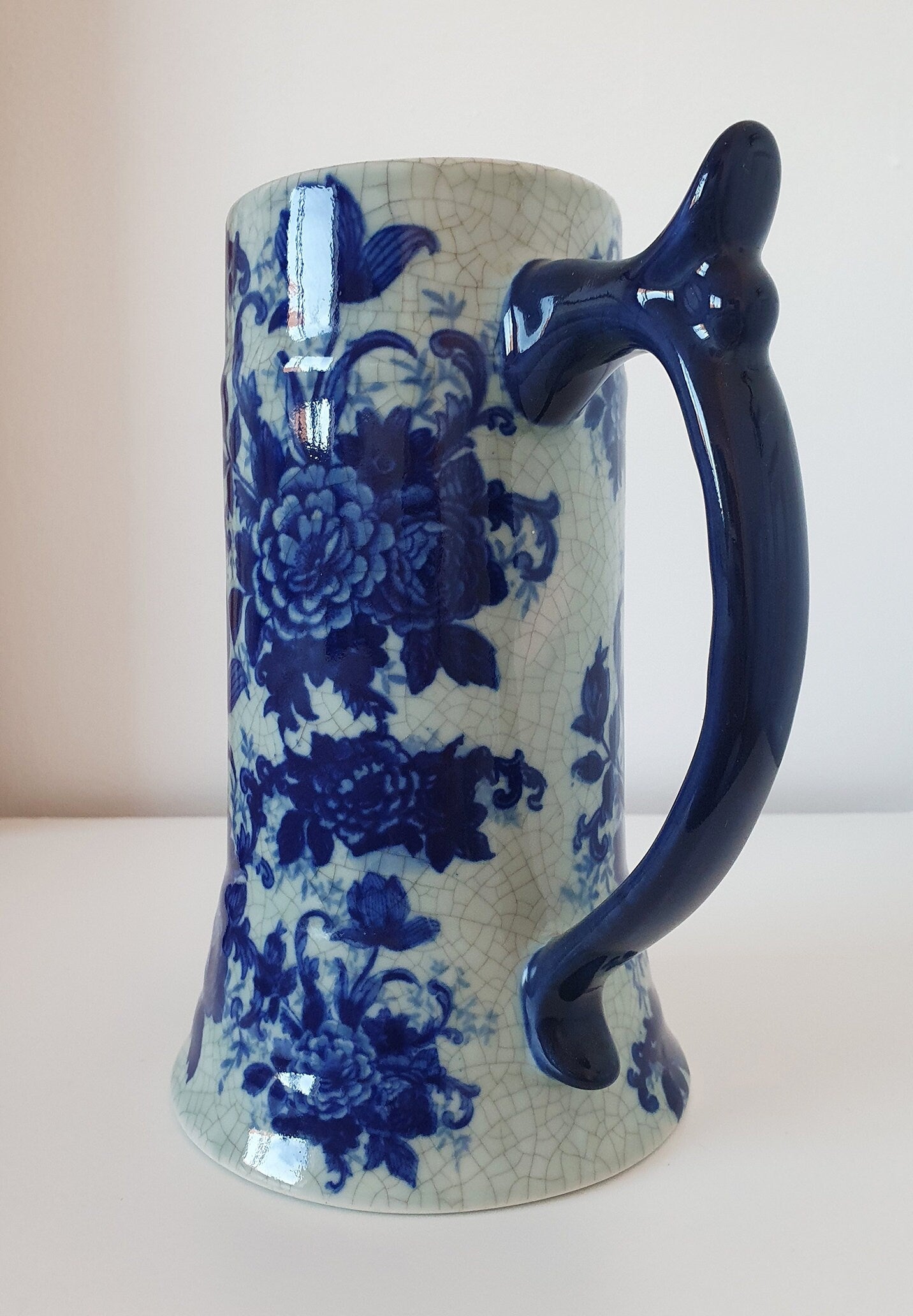 Victorian Ware Blue Transferware Ironstone Tankard With Crackle Glaze