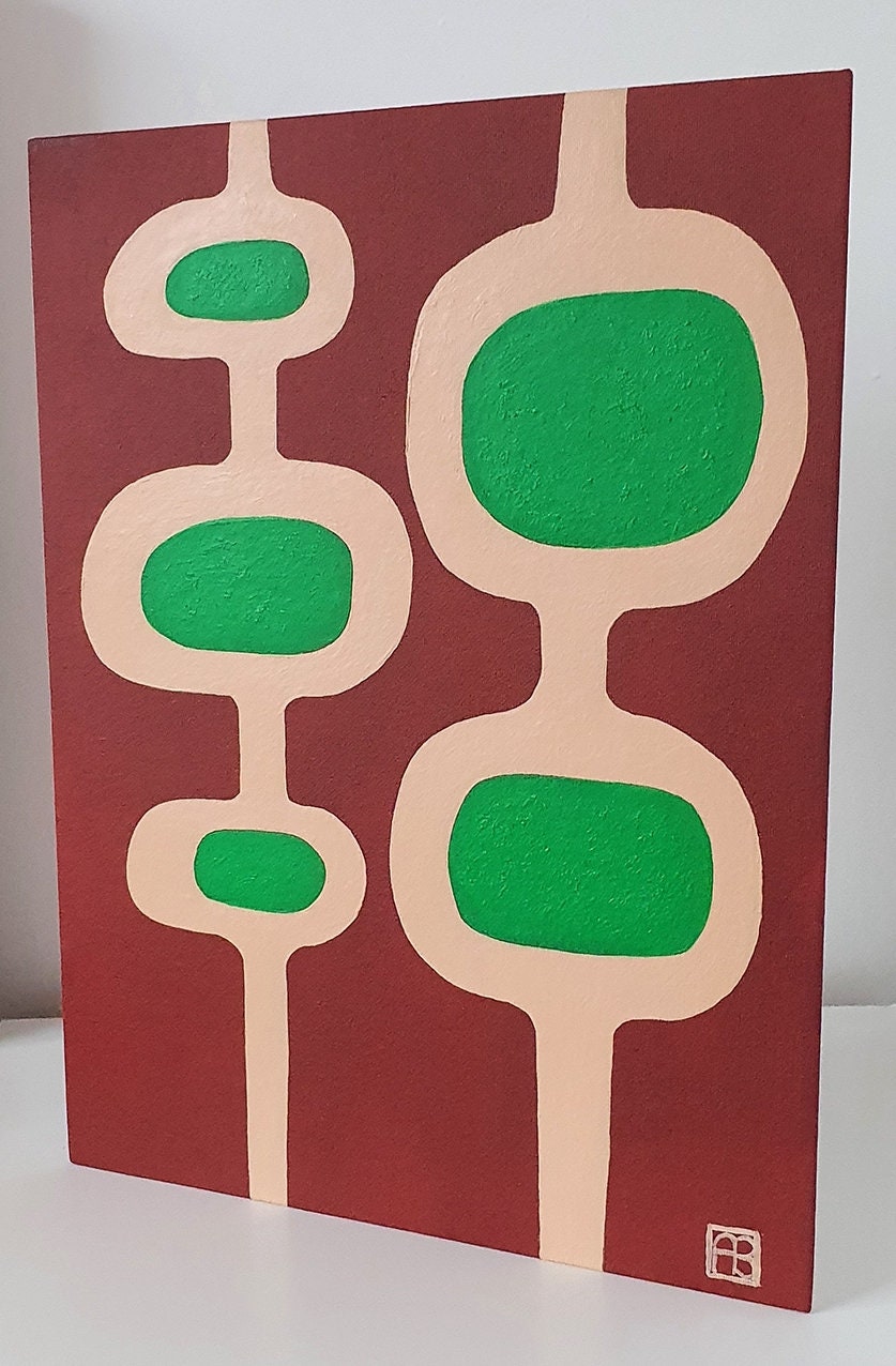 Mid Century Modern Retro Inspired Abstract Acrylic Painting, Original Space Age MCM Style Art