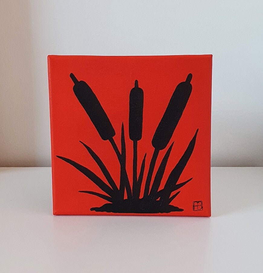 Cattails Sunset Silhouette Acrylic Painting, Original Hand-Painted Art