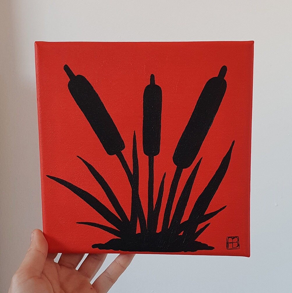 Cattails Sunset Silhouette Acrylic Painting, Original Hand-Painted Art