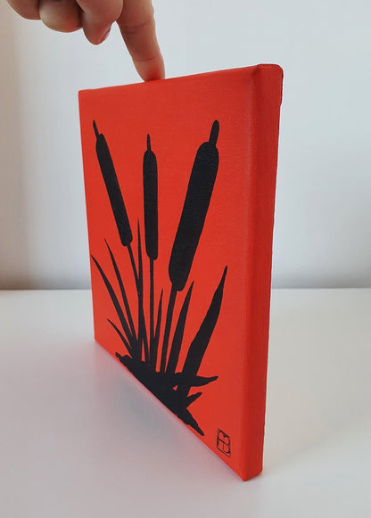 Cattails Sunset Silhouette Acrylic Painting, Original Hand-Painted Art