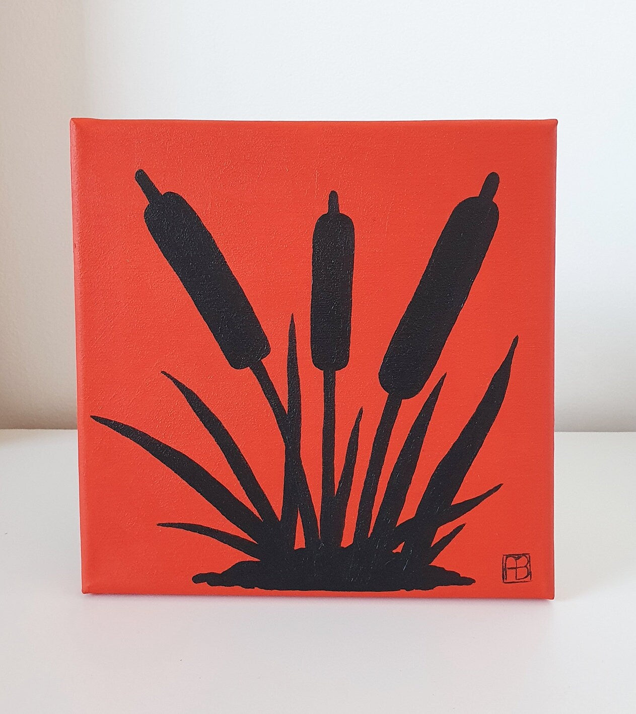 Cattails Sunset Silhouette Acrylic Painting, Original Hand-Painted Art