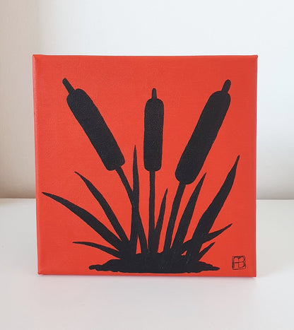 Cattails Sunset Silhouette Acrylic Painting, Original Hand-Painted Art