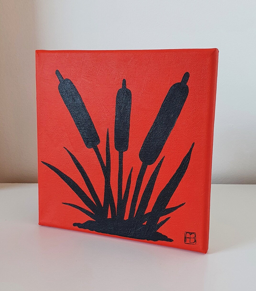 Cattails Sunset Silhouette Acrylic Painting, Original Hand-Painted Art