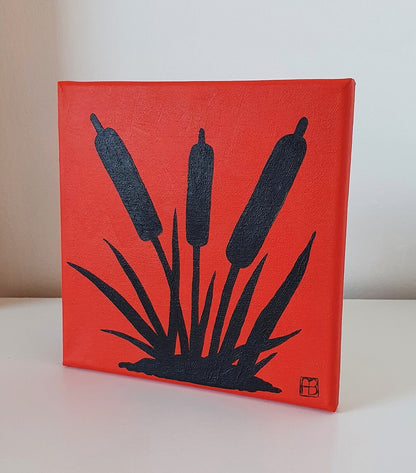 Cattails Sunset Silhouette Acrylic Painting, Original Hand-Painted Art