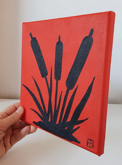 Cattails Sunset Silhouette Acrylic Painting, Original Hand-Painted Art