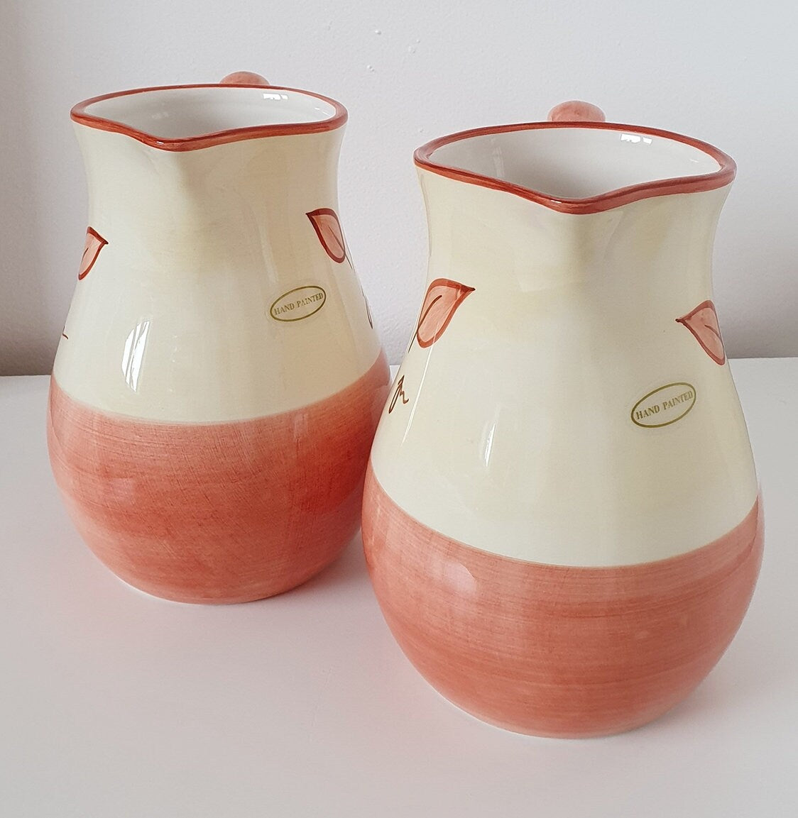 Set Of Two Hand Painted Leaf Design Ceramic Jugs