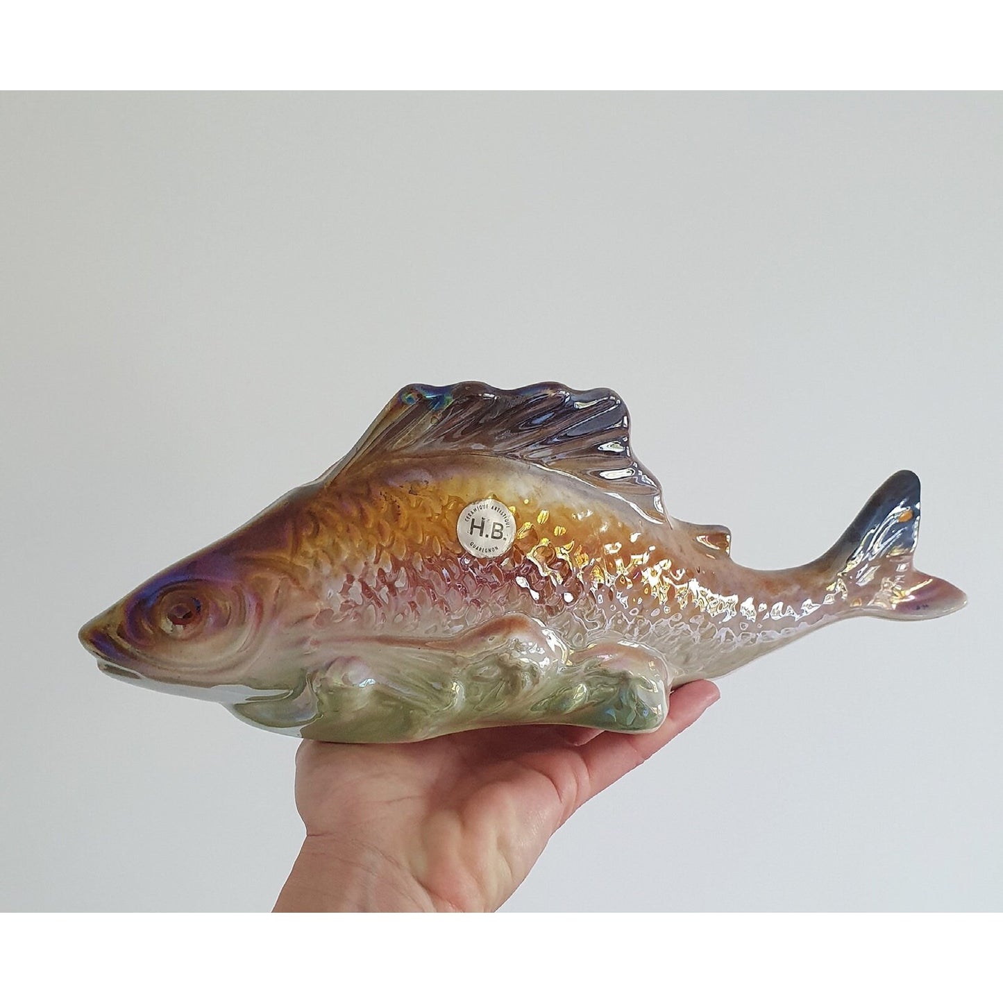 H. Bequet Belgium Quaregnon Lustreware Pottery Fish, Model 705