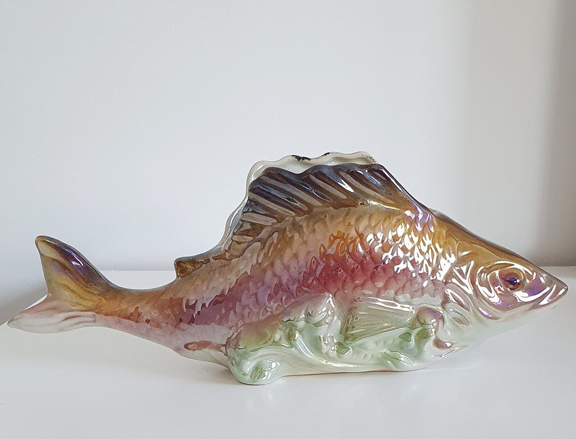 H. Bequet Belgium Quaregnon Lustreware Pottery Fish, Model 705