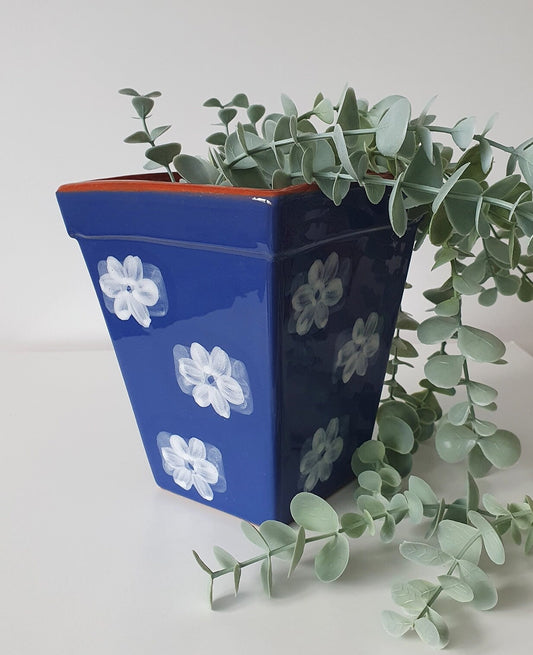 Lovely Hand Painted Square Ceramic Planter/Plant Pot In Floral Design