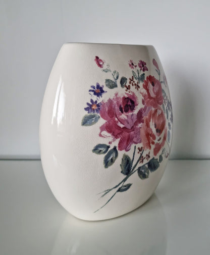 Lovely Retro Cream & Pink Floral Crackle Glaze Ceramic Vase