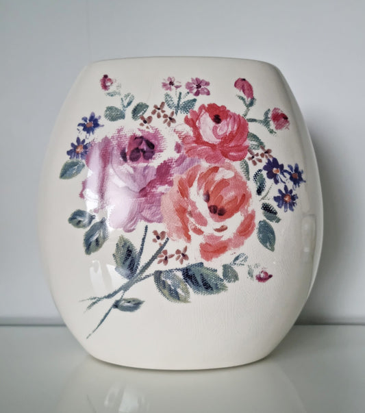 Lovely Retro Cream & Pink Floral Crackle Glaze Ceramic Vase