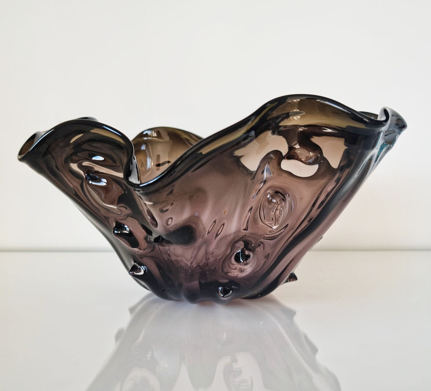 Mid-Century Wavy Asymetrical Purple & Brown Art Glass Bowl