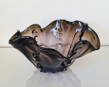 Mid-Century Wavy Asymetrical Purple & Brown Art Glass Bowl