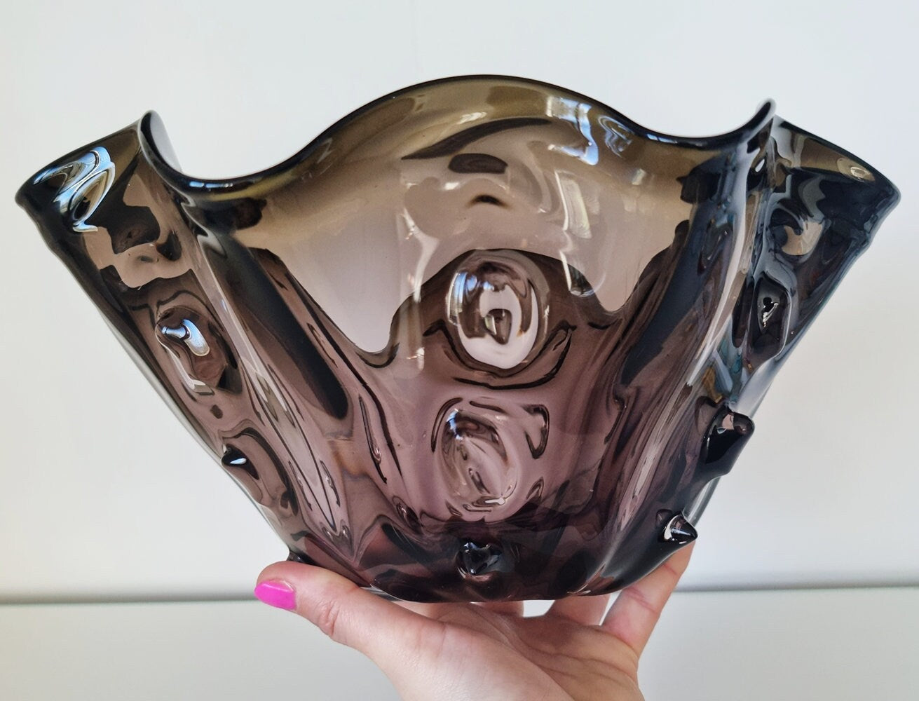 Mid-Century Wavy Asymetrical Purple & Brown Art Glass Bowl