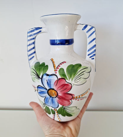 Vintage Hand-Painted Double Handled Folk Art Ceramic Jug