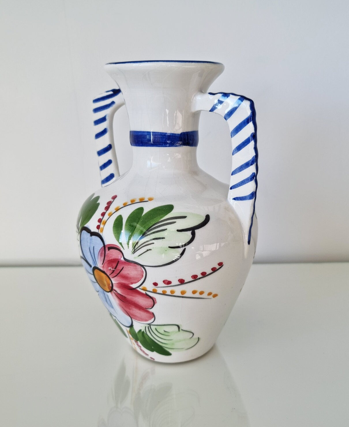 Vintage Hand-Painted Double Handled Folk Art Ceramic Jug