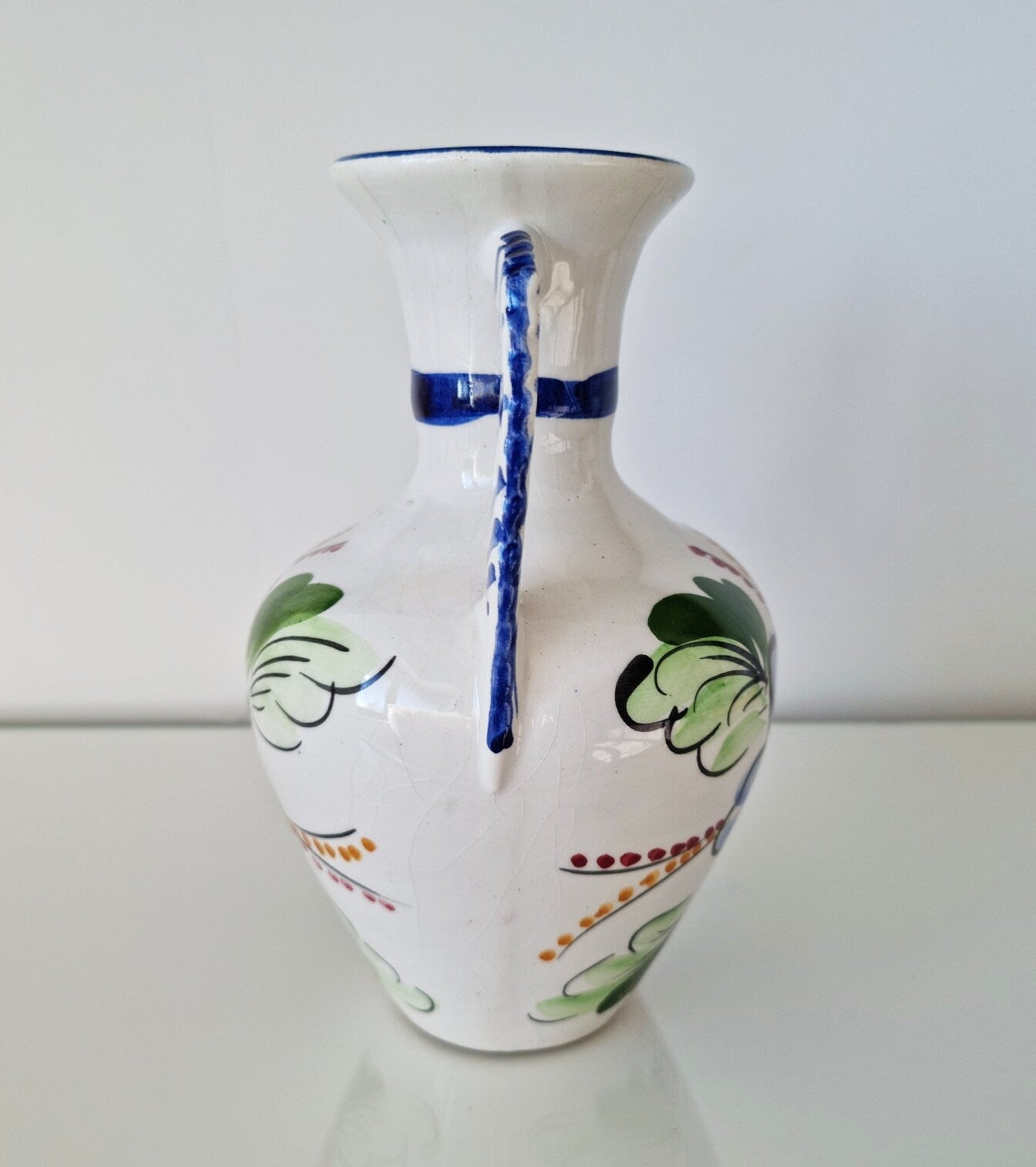 Vintage Hand-Painted Double Handled Folk Art Ceramic Jug