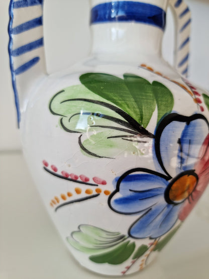 Vintage Hand-Painted Double Handled Folk Art Ceramic Jug