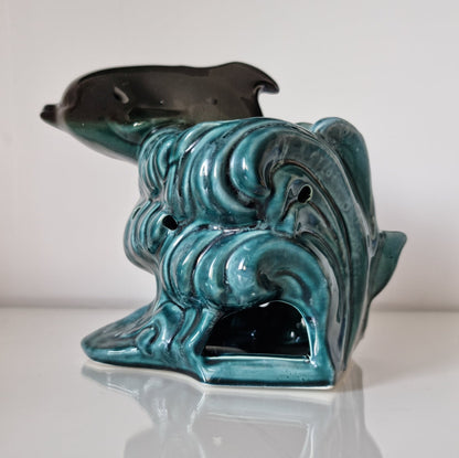 Vintage Ceramic Dolphin Tea Light Holder Oil Burner, Retro Pottery Dolphin Wax Warmer