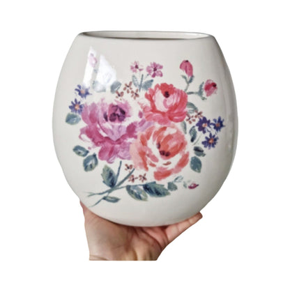 Lovely Retro Cream & Pink Floral Crackle Glaze Ceramic Vase