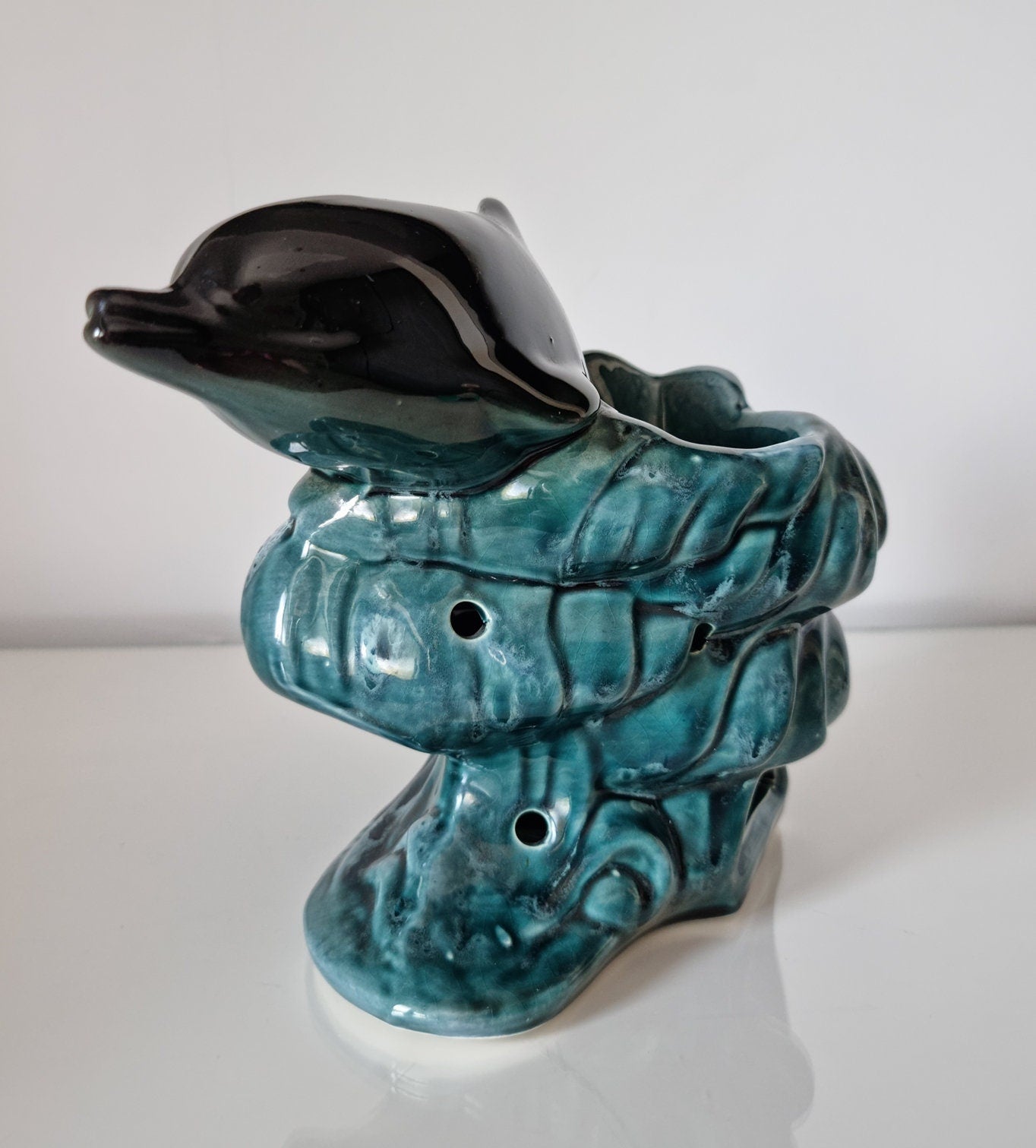 Vintage Ceramic Dolphin Tea Light Holder Oil Burner, Retro Pottery Dolphin Wax Warmer