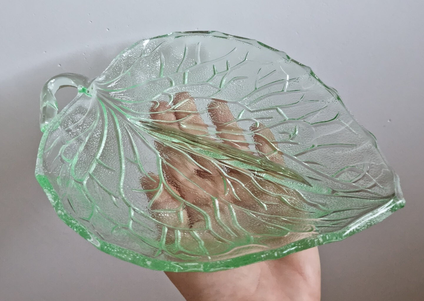 Vintage Bagley Green Leaf Shaped Glass Dish, Depression Era Glass, 1930s Glass Divided Snack Dish