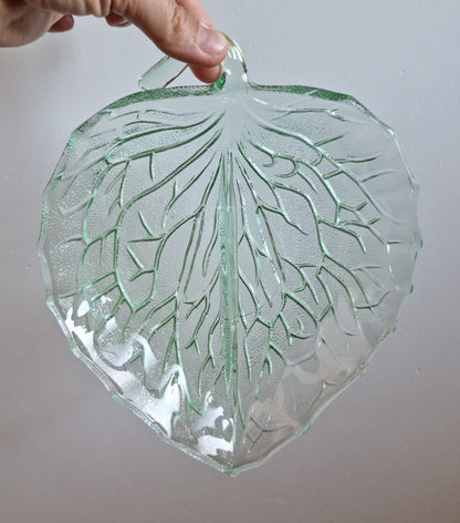 Vintage Bagley Green Leaf Shaped Glass Dish, Depression Era Glass, 1930s Glass Divided Snack Dish