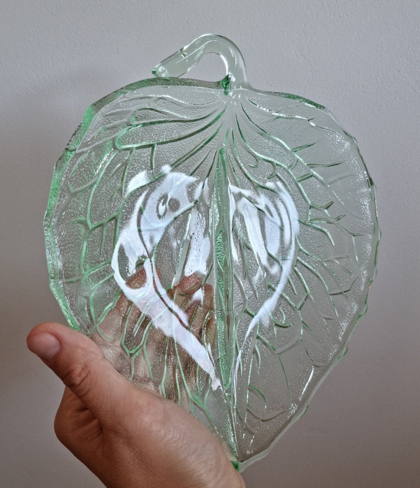 Vintage Bagley Green Leaf Shaped Glass Dish, Depression Era Glass, 1930s Glass Divided Snack Dish