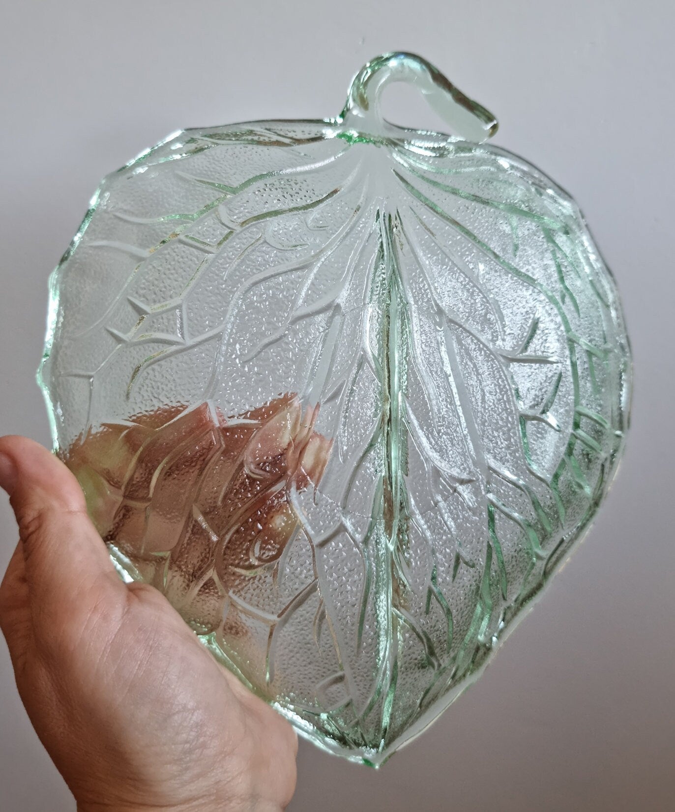 Vintage Bagley Green Leaf Shaped Glass Dish, Depression Era Glass, 1930s Glass Divided Snack Dish