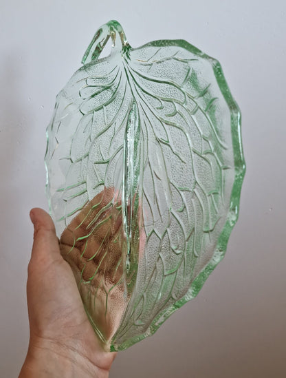 Vintage Bagley Green Leaf Shaped Glass Dish, Depression Era Glass, 1930s Glass Divided Snack Dish