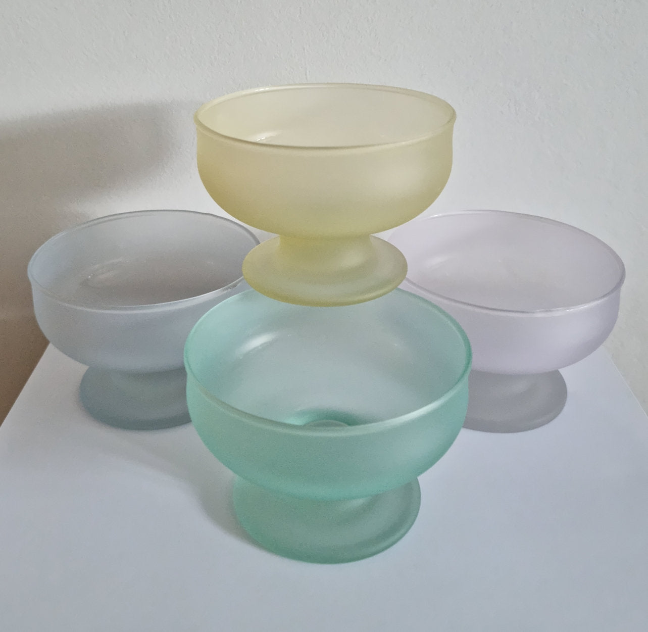 Retro Dema Coloured Frosted Glass Dessert Bowls, Set Of 4 Footed Sundae Glasses