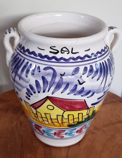 Vintage Spanish Ceramic Kitchen Storage Jar For Salt