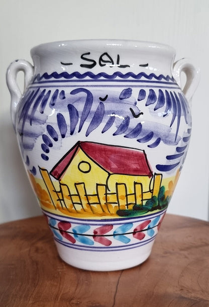 Vintage Spanish Ceramic Kitchen Storage Jar For Salt