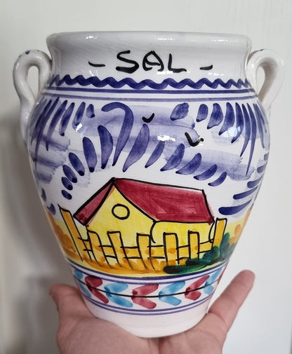 Vintage Spanish Ceramic Kitchen Storage Jar For Salt