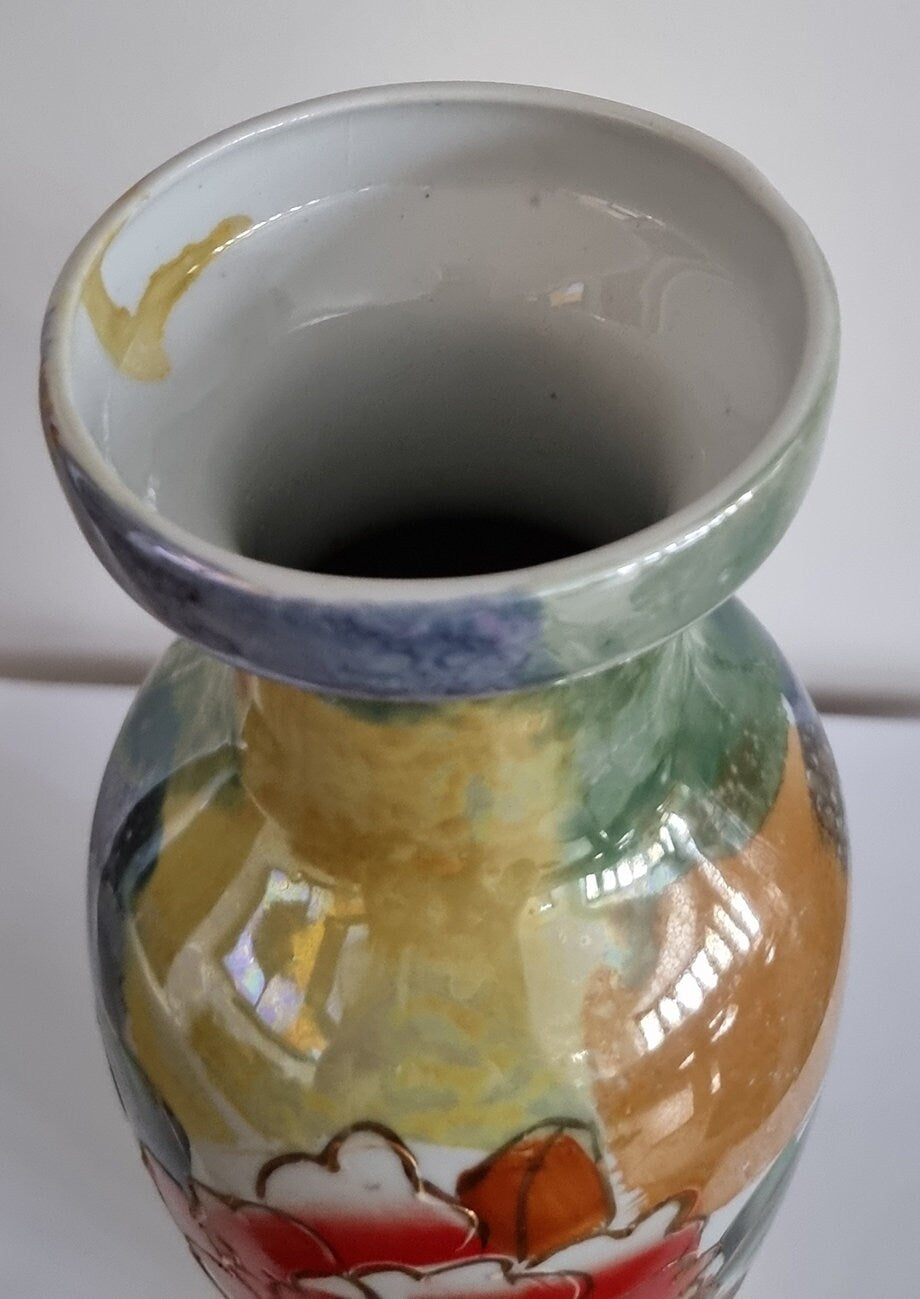 Vintage Hand Painted Lusterware Iridescent Floral Porcelain Vase