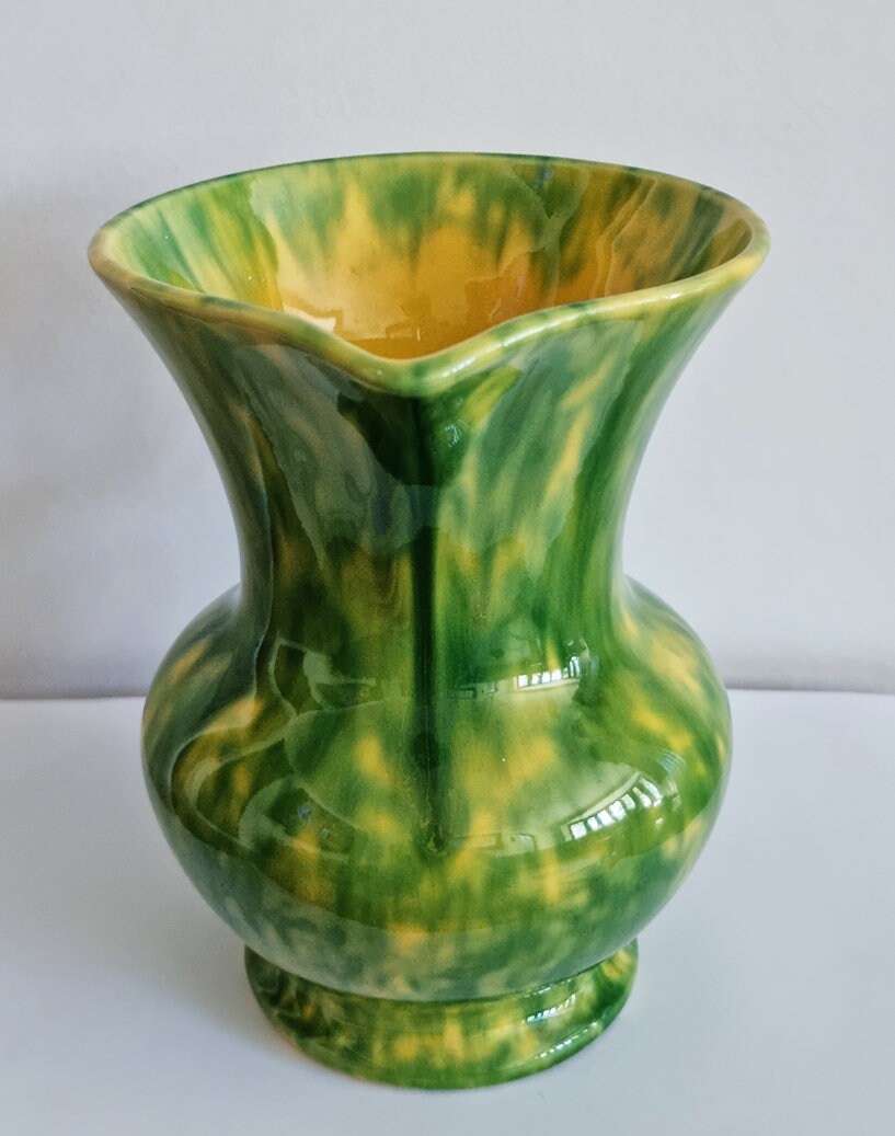 Vintage Green & Yellow Mottled Glaze Ceramic Jug