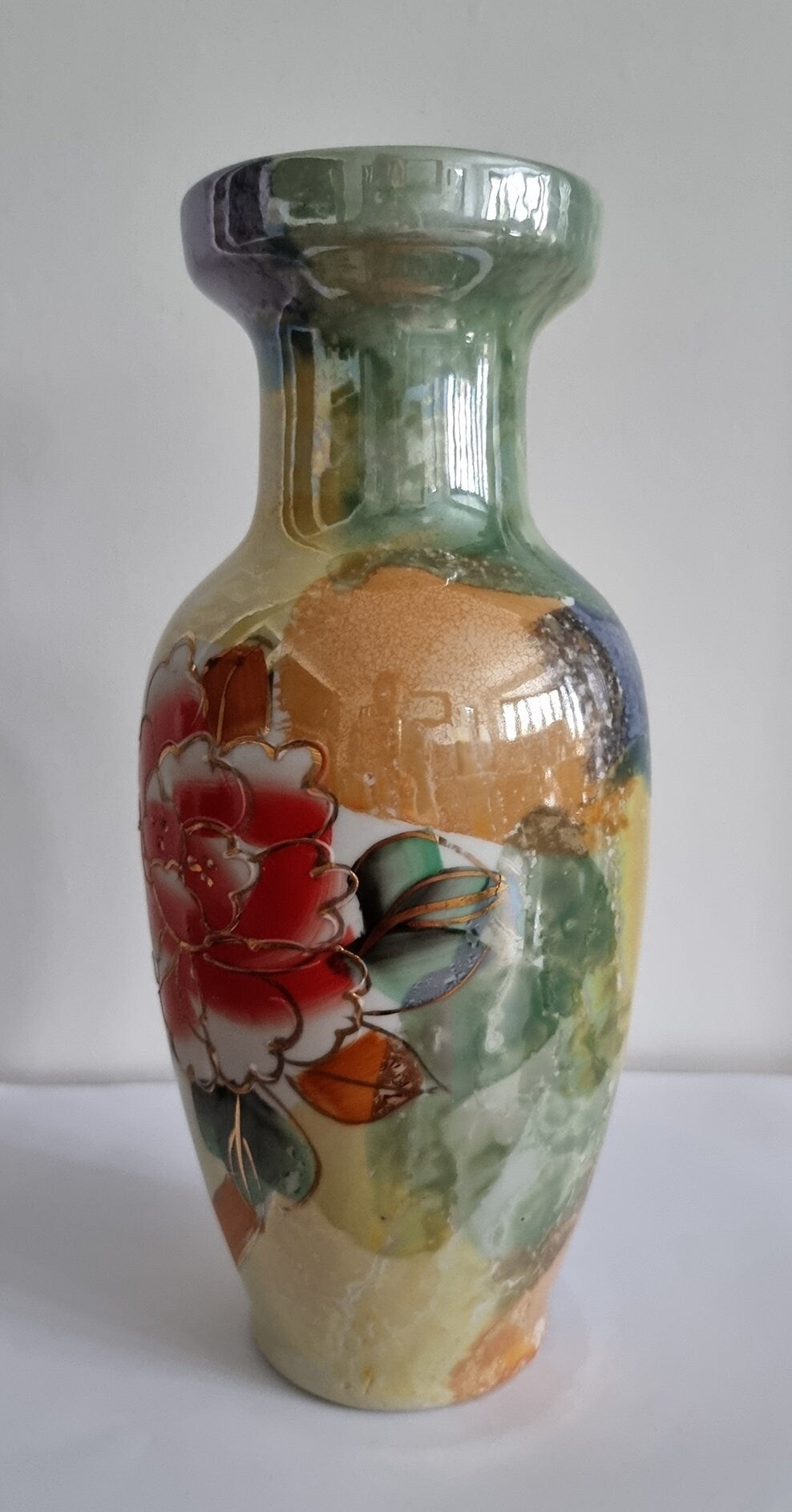 Vintage Hand Painted Lusterware Iridescent Floral Porcelain Vase