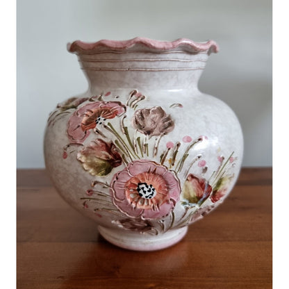 Vintage Ruffled Rim Ceramic Vase In Floral Design