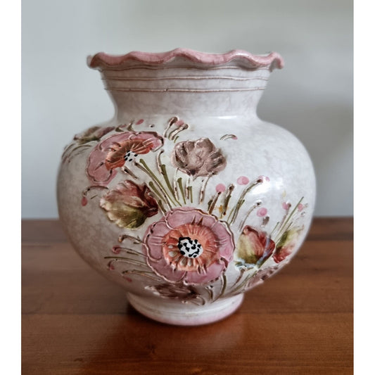 Vintage Ruffled Rim Ceramic Vase In Floral Design