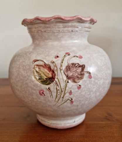 Vintage Ruffled Rim Ceramic Vase In Floral Design