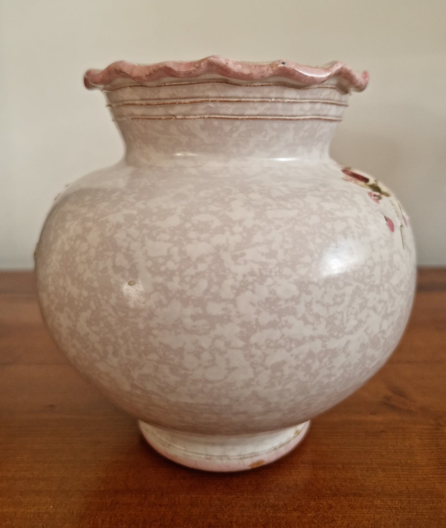 Vintage Ruffled Rim Ceramic Vase In Floral Design