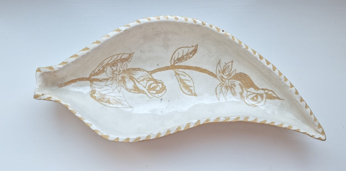 Mid Century Studio Pottery Leaf Shaped Dish/Bowl With Roses