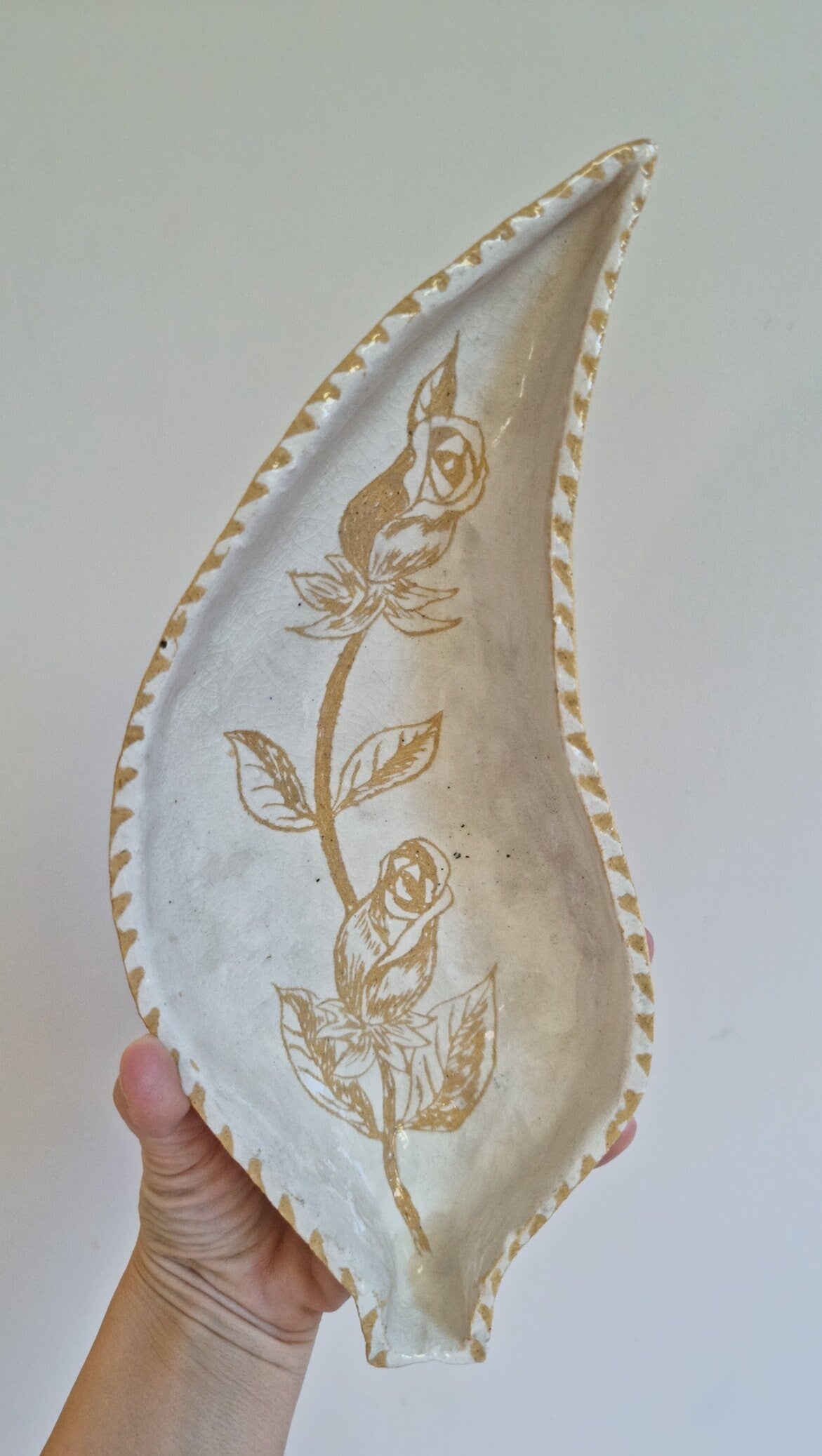 Mid Century Studio Pottery Leaf Shaped Dish/Bowl With Roses