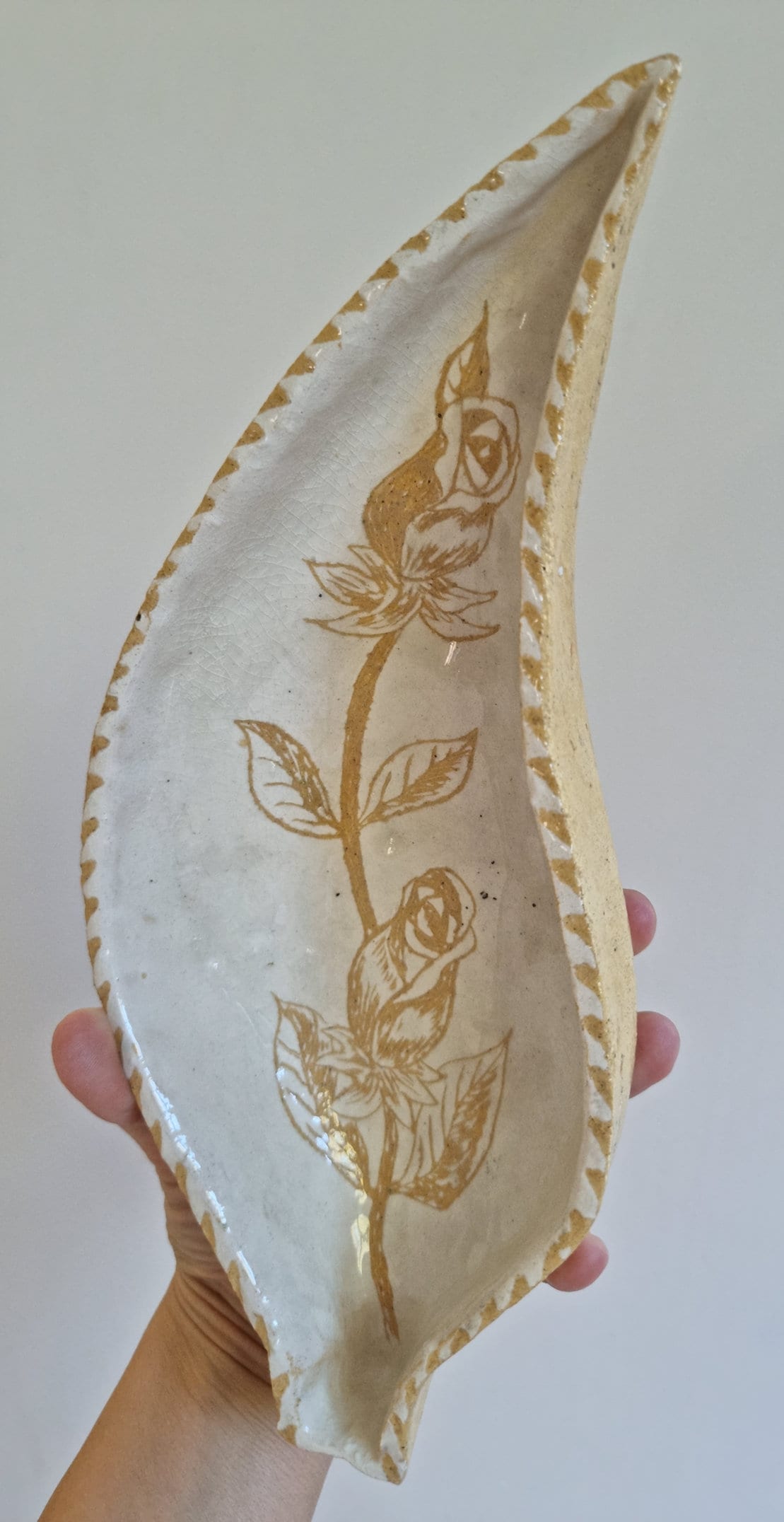 Mid Century Studio Pottery Leaf Shaped Dish/Bowl With Roses