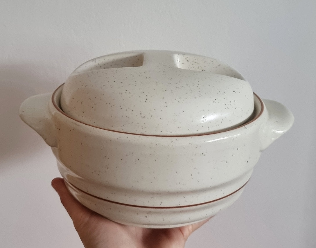 Rare Vintage Drostdy Stonecraft Beige Speckled Stoneware Lidded Casserole Dish