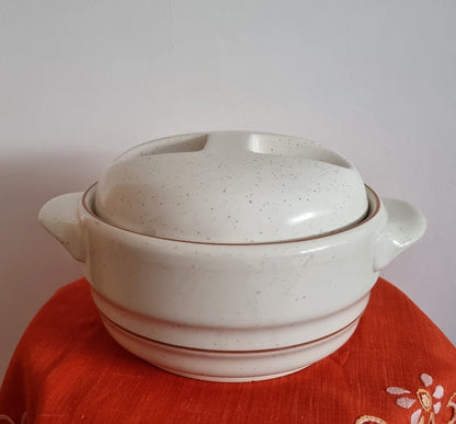 Rare Vintage Drostdy Stonecraft Beige Speckled Stoneware Lidded Casserole Dish